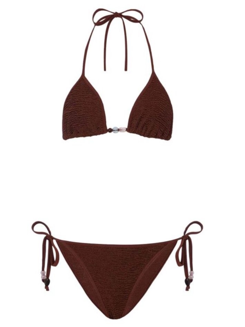 Hunza G Gina Beaded Bikini Set Brown Nwt Triangle Top & Bottom Crinkle Swim